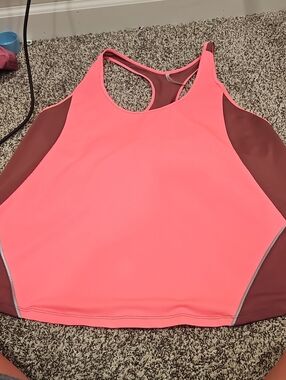 Fabletics Coral Pink Racerback Tank with Brown Side Panels